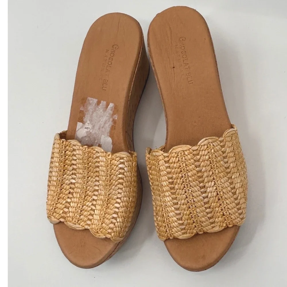 Chocolat Blu Gilda Raffia Platform Slide Sandals Size 8 Resort Boho Chic Beach
